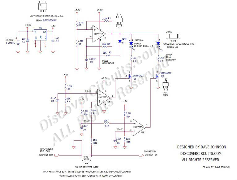 Bidirectional DC-Current Indicator Circuit designed
by David Johnson, March 31, 2011
